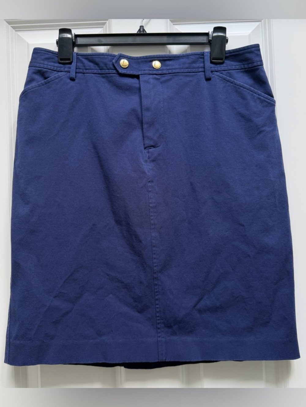 LAUREN RALPH LAUREN KNEE LENGTH PENCIL SKIRT NAVY 10 COTTON SNAP ZIP CLOSURE